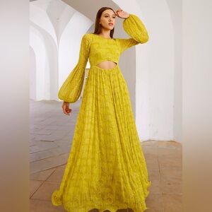 Yellow-Green Long Sleeve Maxi Dress, IndoWestern